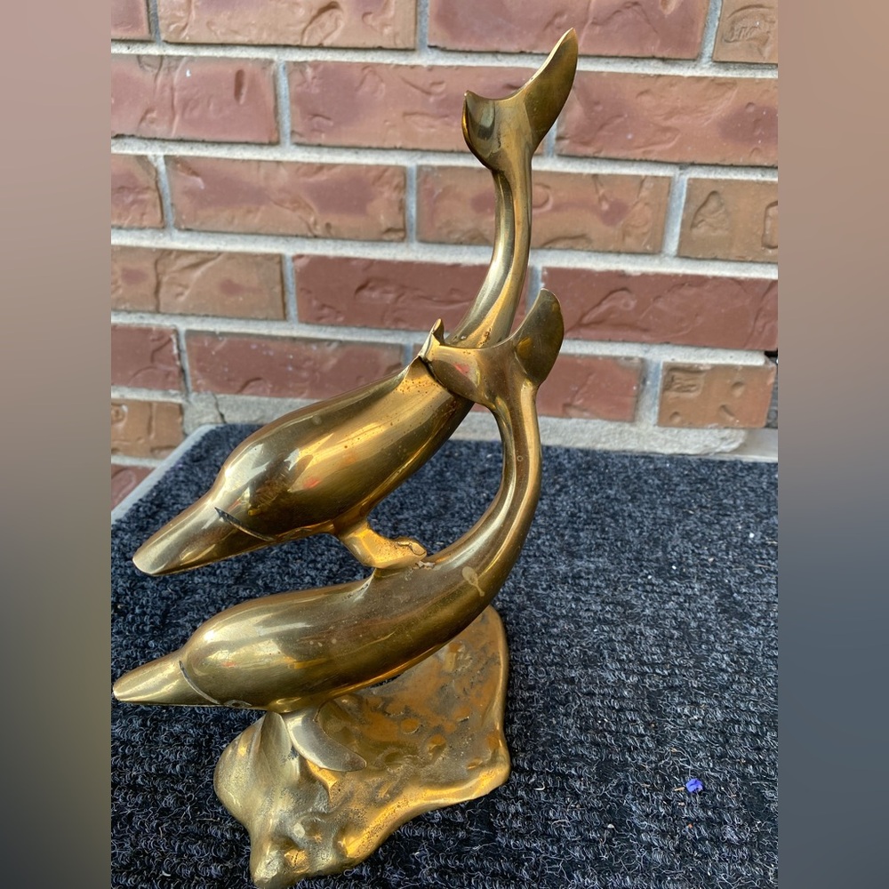 Vintage Brass 2 Dolphins Sculpture Made in Korea 11"